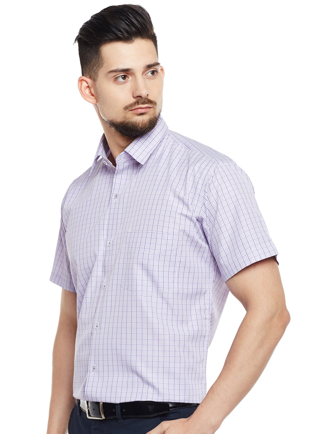 Men White & Purple Checked Slim Fit Formal Shirt