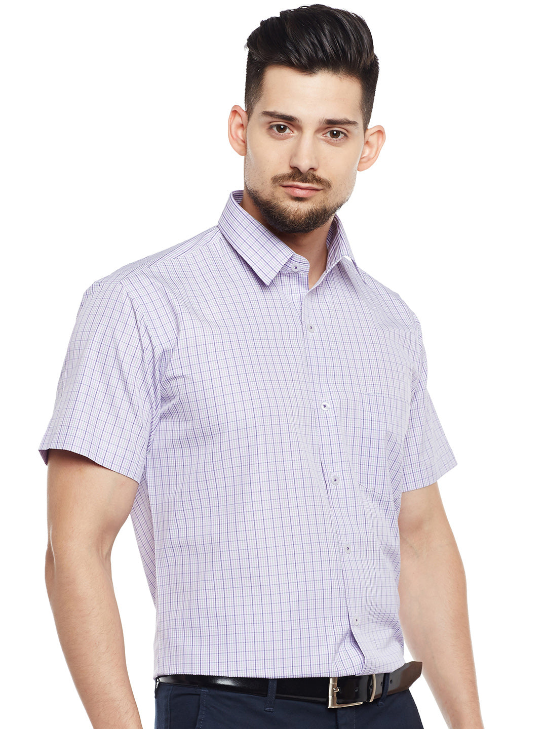 Men White & Purple Checked Slim Fit Formal Shirt
