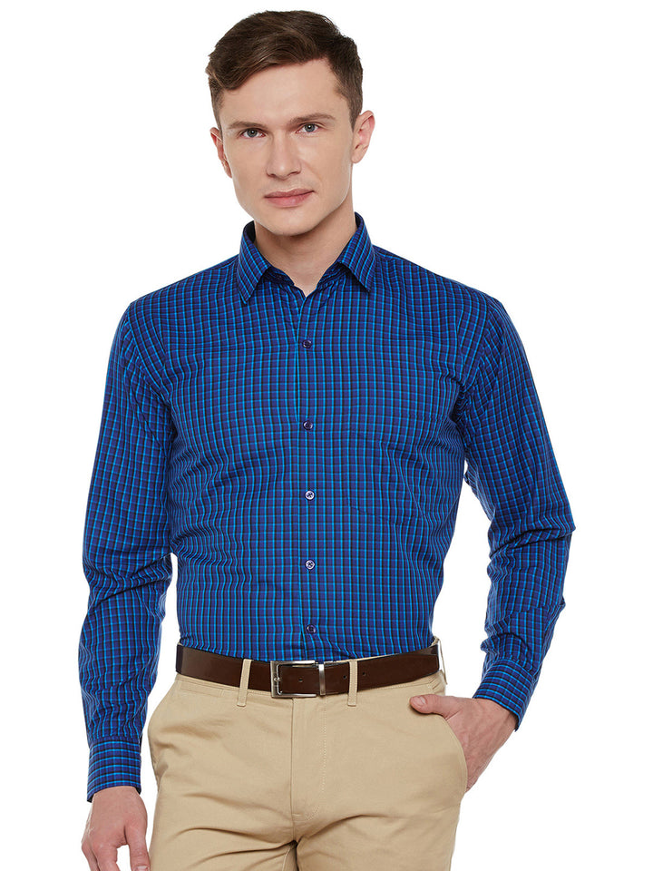 Men Blue Checked Slim Fit Formal Shirt