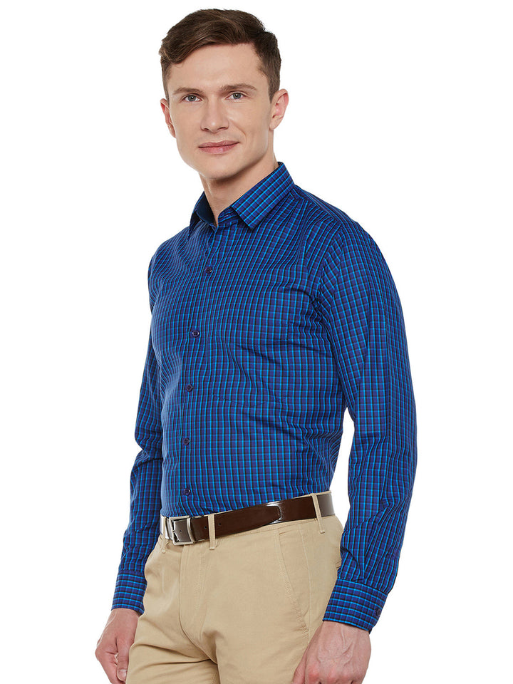 Men Blue Checked Slim Fit Formal Shirt