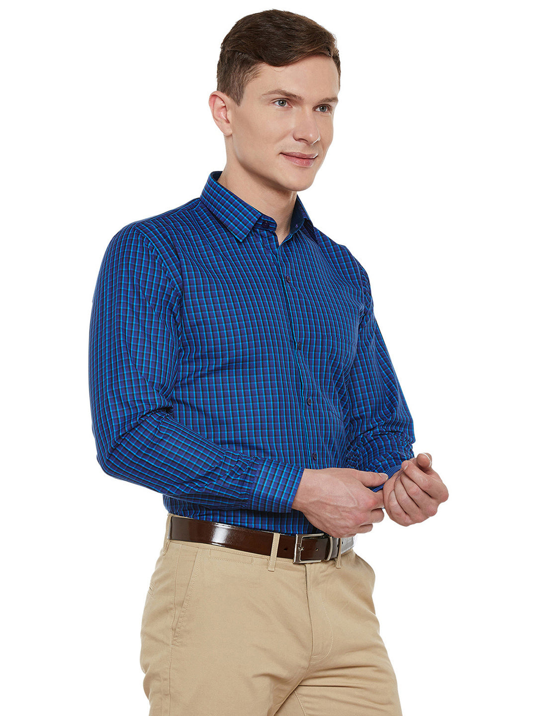Men Blue Checked Slim Fit Formal Shirt