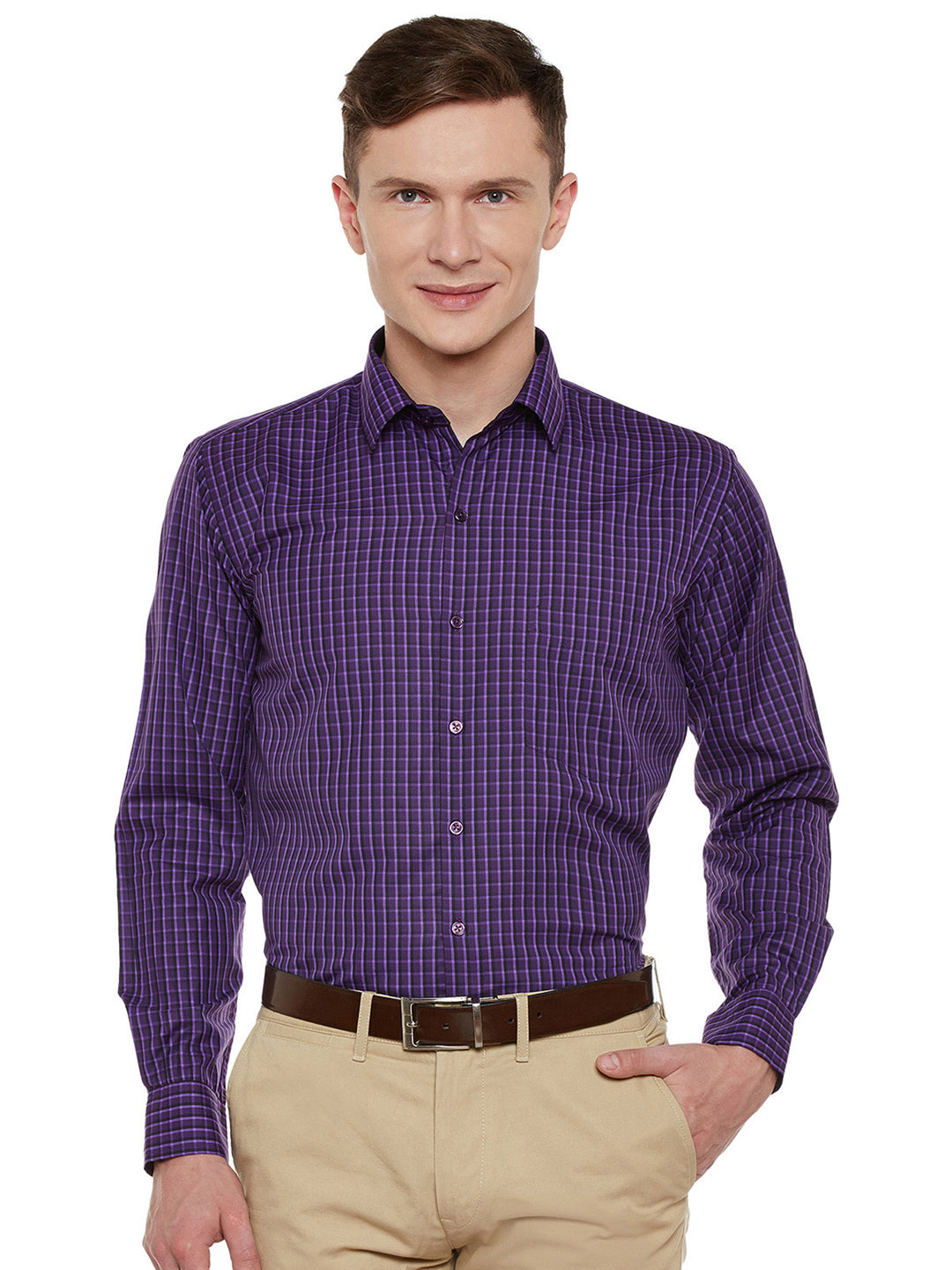 Men Purple Checked Slim Fit Formal Shirt