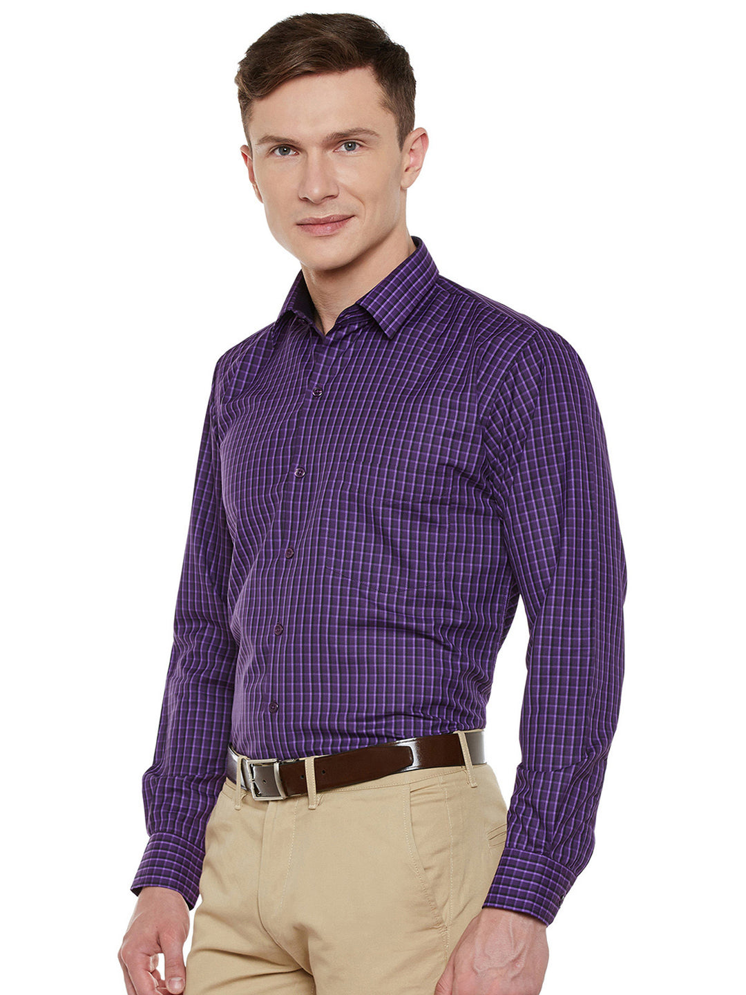 Men Purple Checked Slim Fit Formal Shirt