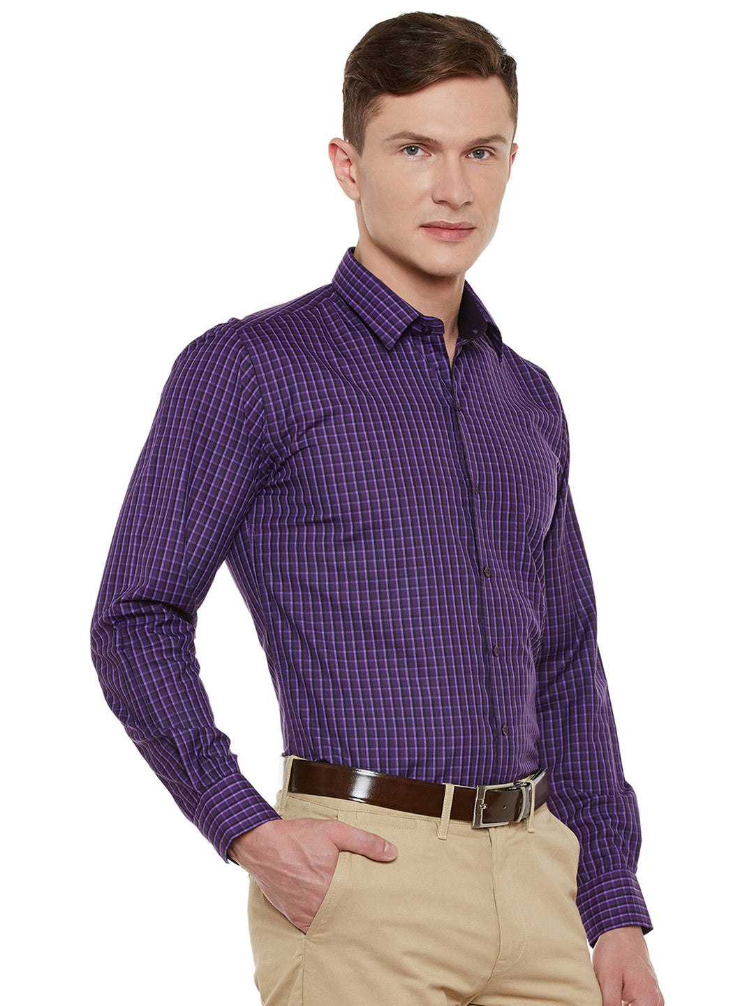 Men Purple Checked Slim Fit Formal Shirt