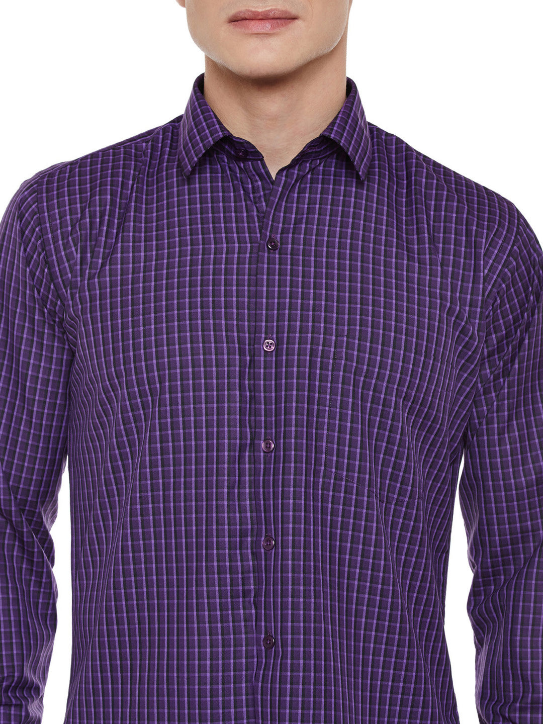 Men Purple Checked Slim Fit Formal Shirt