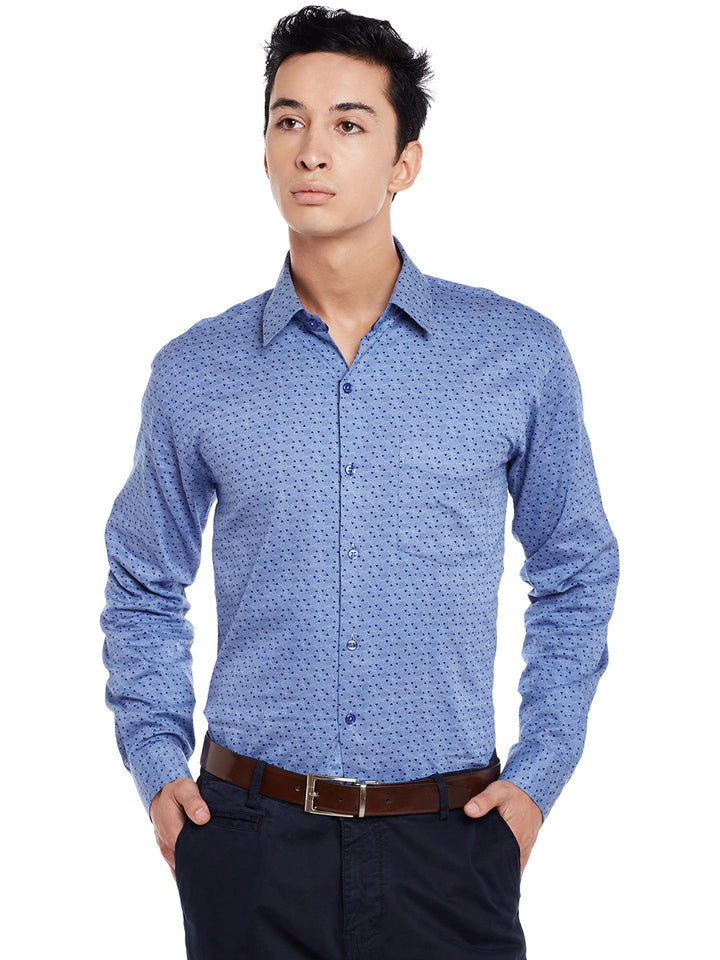 Men Blue Printed Pure Cotton Slim Fit Formal Shirt