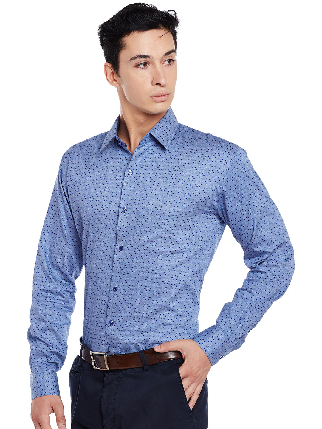 Men Blue Printed Pure Cotton Slim Fit Formal Shirt