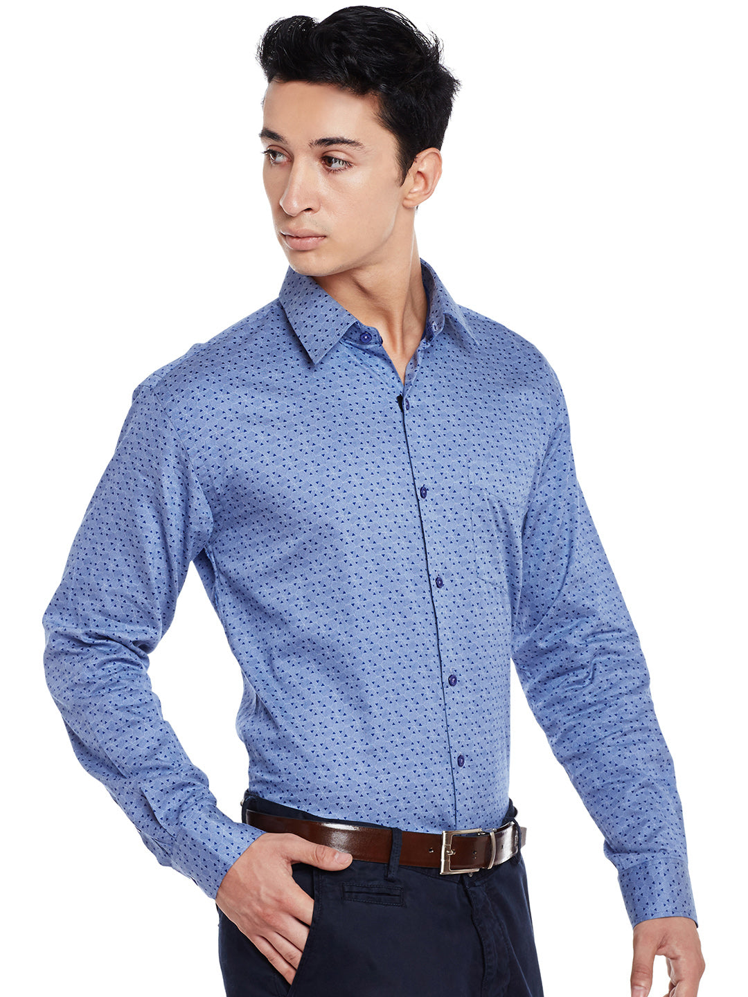 Men Blue Printed Pure Cotton Slim Fit Formal Shirt