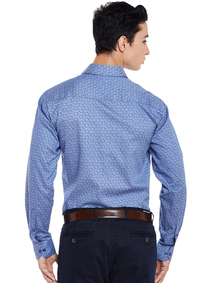 Men Blue Printed Pure Cotton Slim Fit Formal Shirt