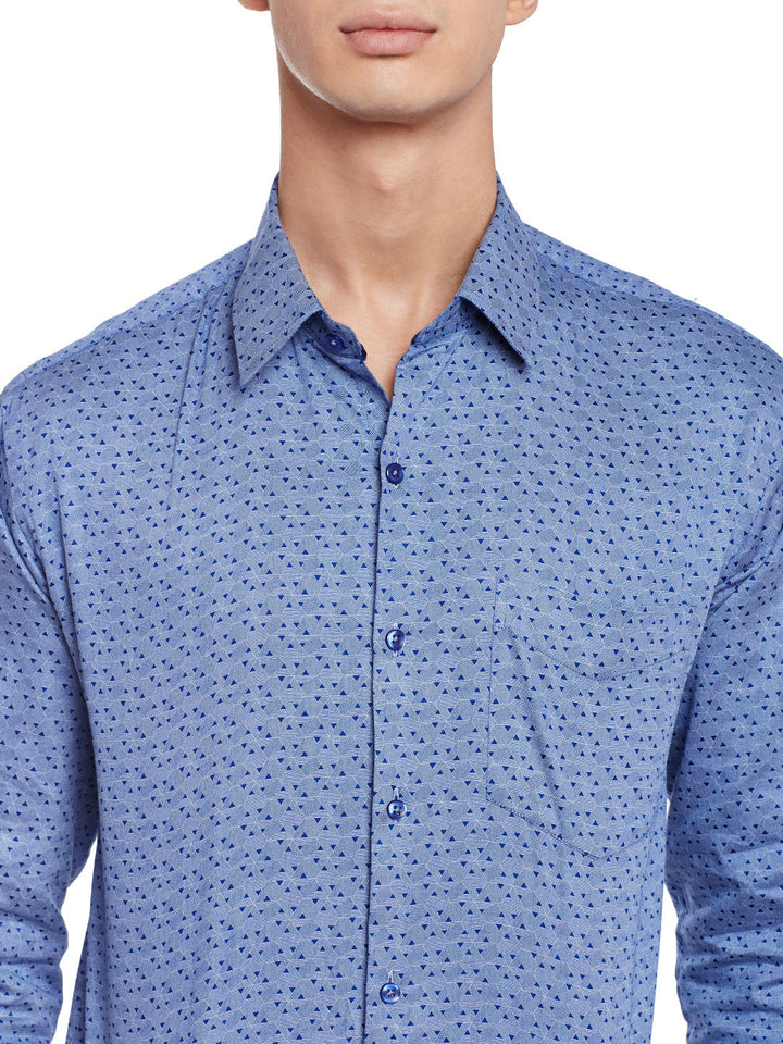 Men Blue Printed Pure Cotton Slim Fit Formal Shirt