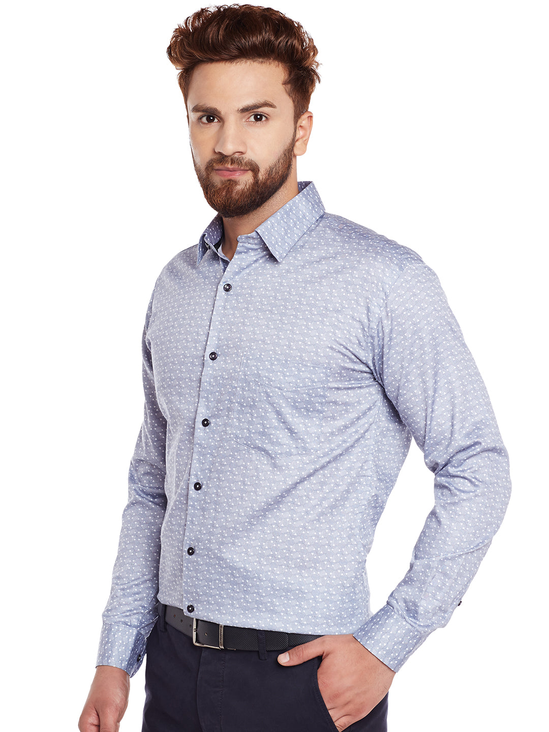Men Grey Printed Pure Cotton Slim Fit Formal Shirt