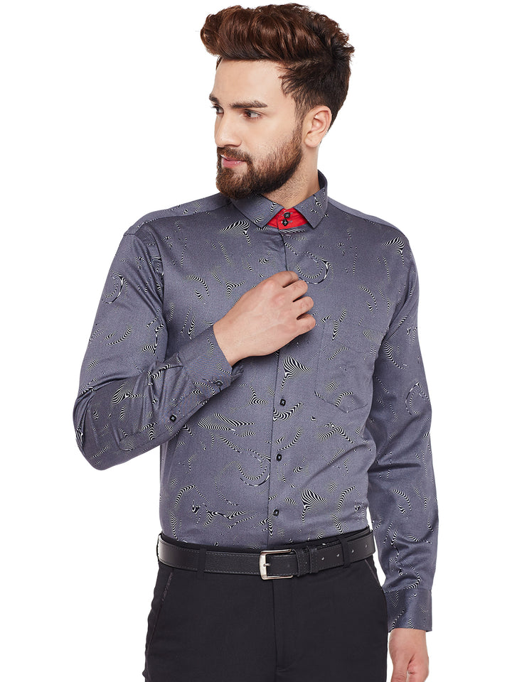 Men Navy Printed Pure Cotton Slim Fit Formal Shirt