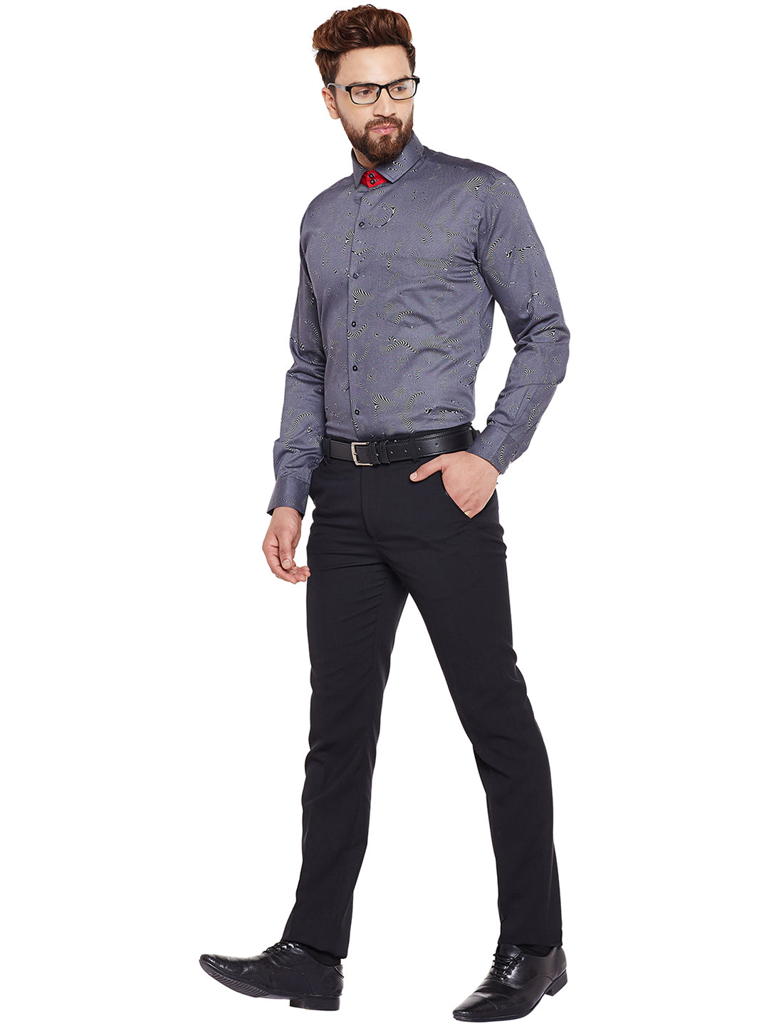 Men Navy Printed Pure Cotton Slim Fit Formal Shirt