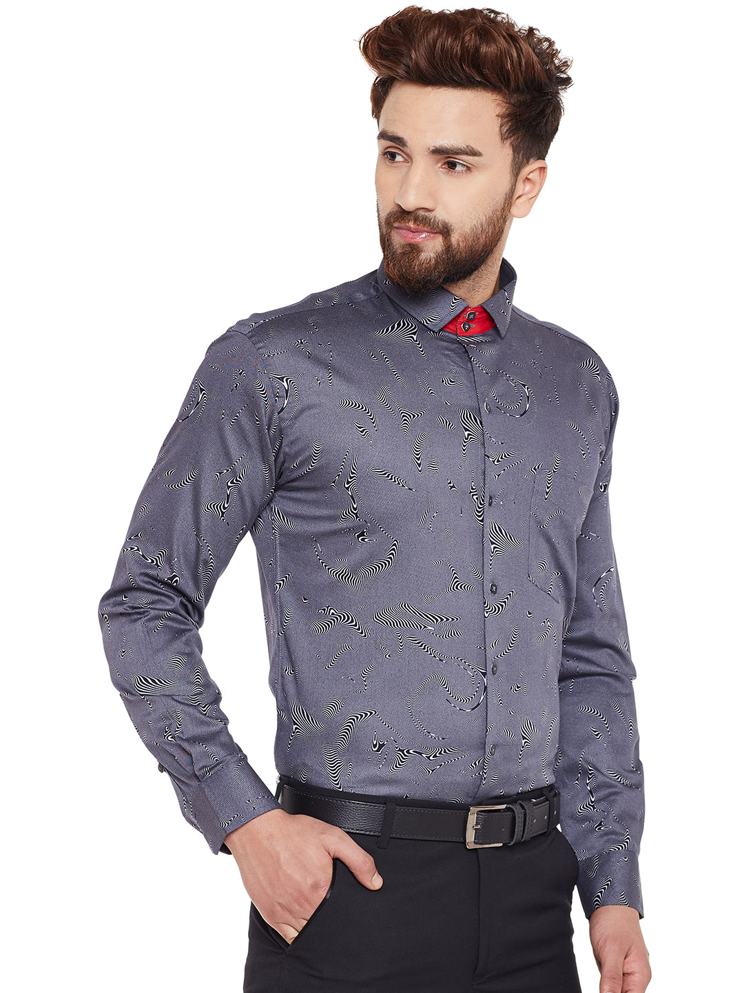 Men Navy Printed Pure Cotton Slim Fit Formal Shirt