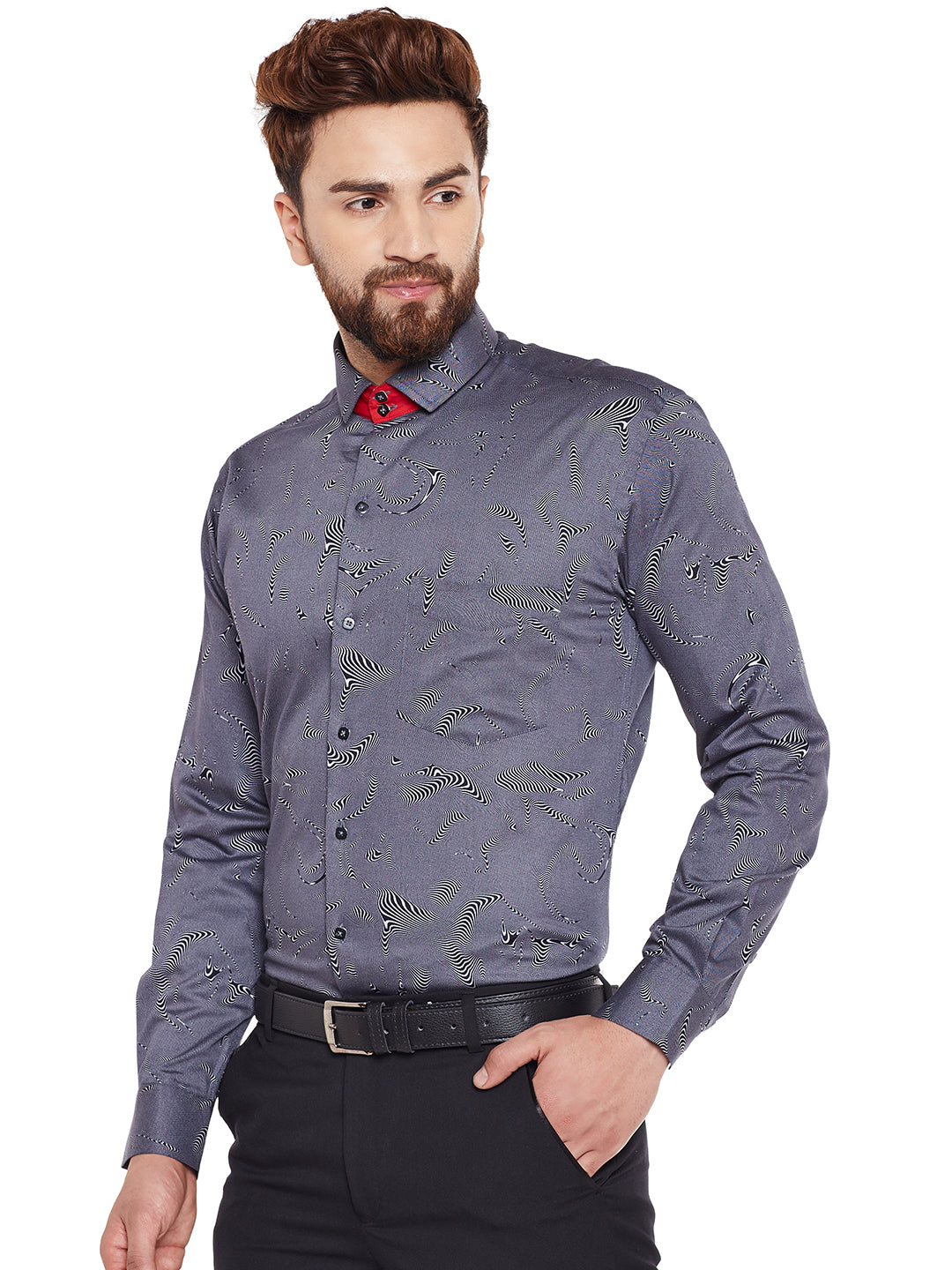Men Navy Printed Pure Cotton Slim Fit Formal Shirt
