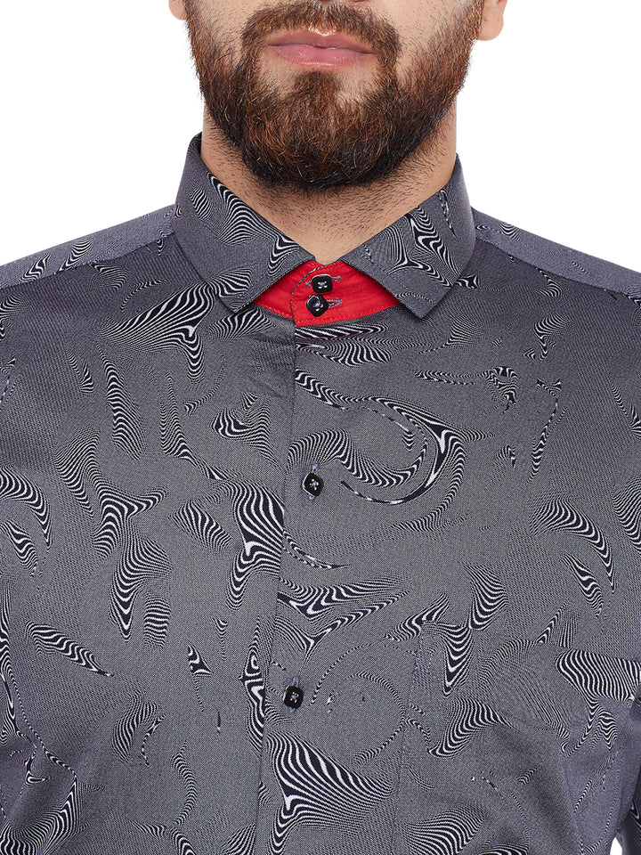 Men Navy Printed Pure Cotton Slim Fit Formal Shirt