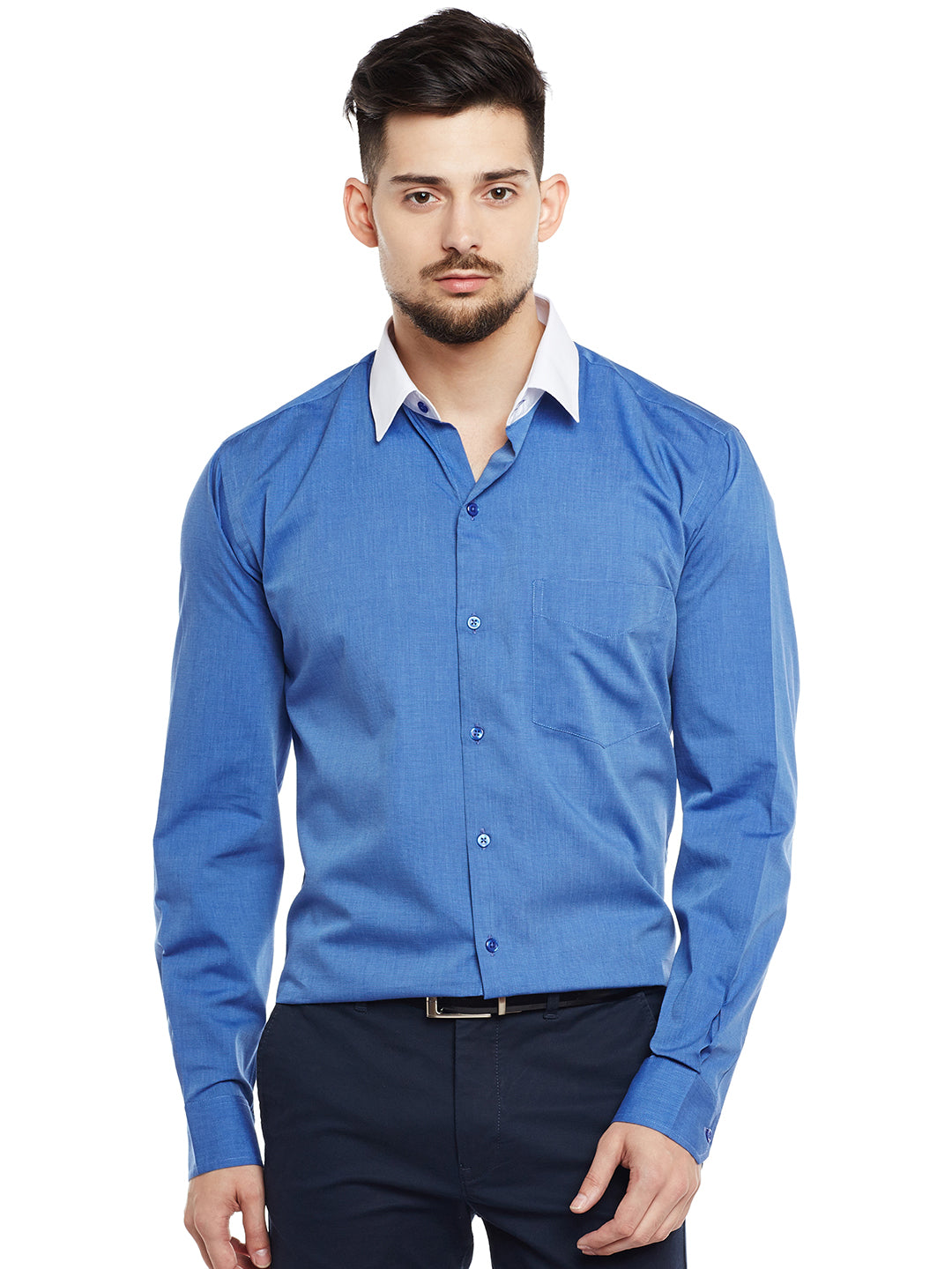 Men Royal Blue & White Solid Pure Cotton Pure Cotton Slim Fit Formal Shirt