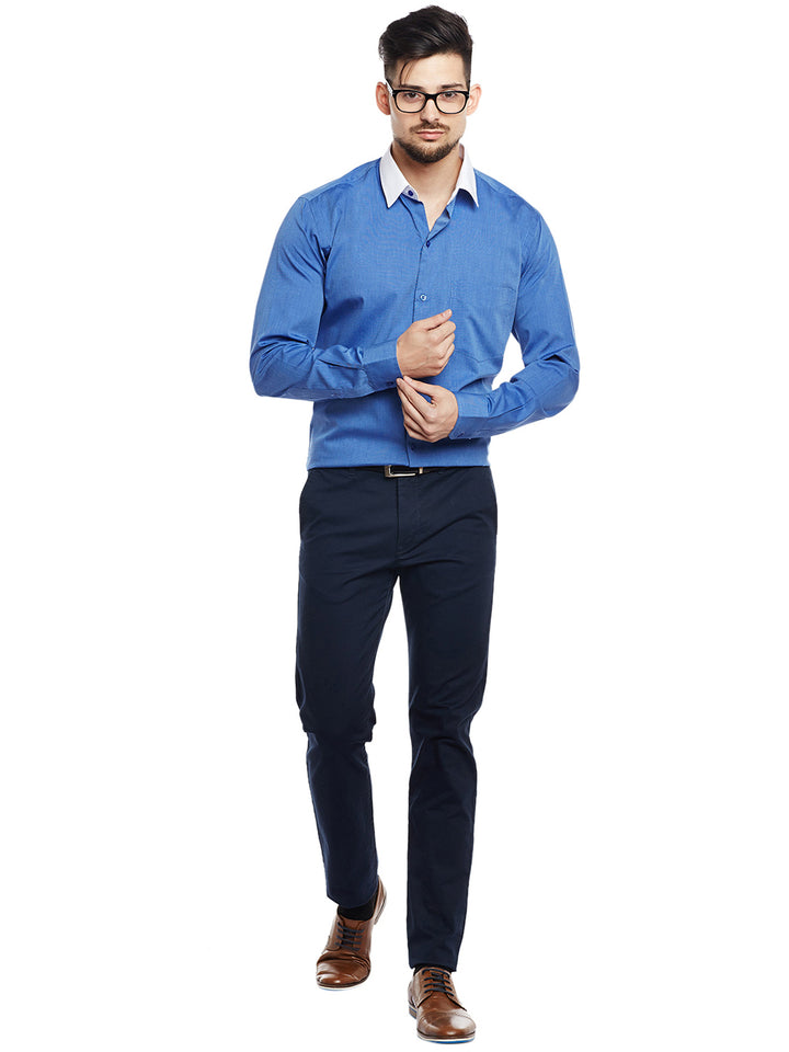 Men Royal Blue & White Solid Pure Cotton Pure Cotton Slim Fit Formal Shirt