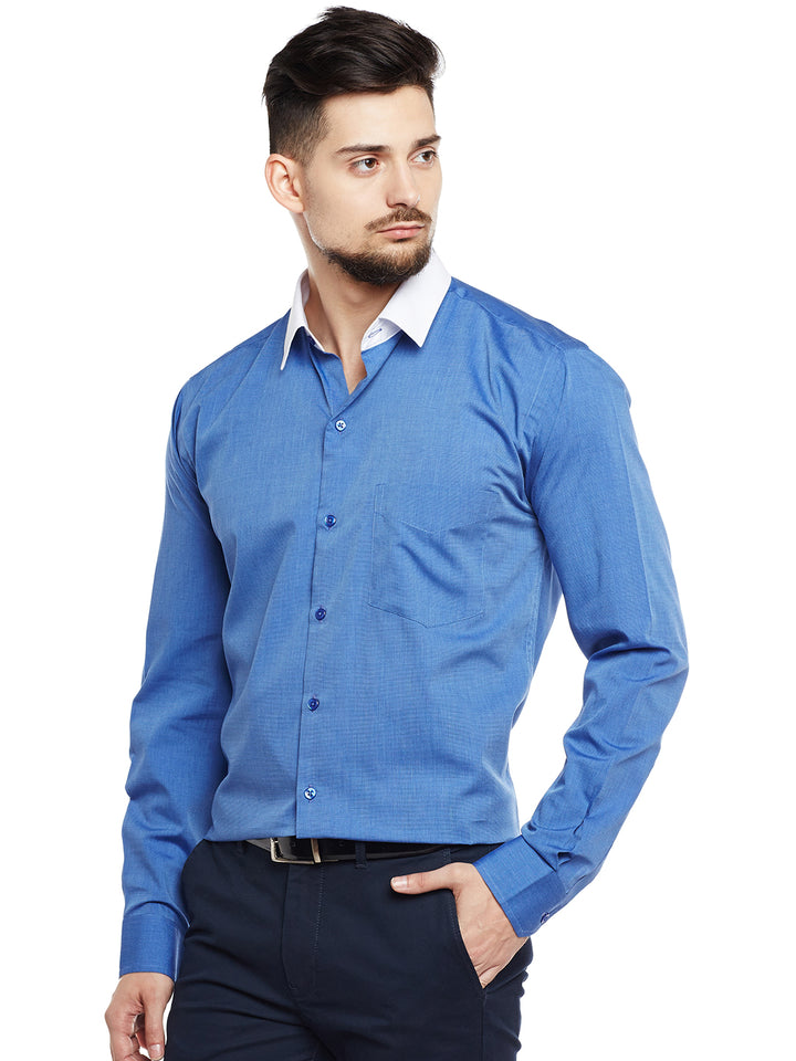 Men Royal Blue & White Solid Pure Cotton Pure Cotton Slim Fit Formal Shirt