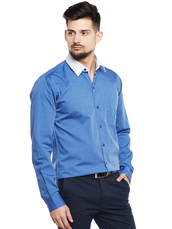 Men Royal Blue & White Solid Pure Cotton Pure Cotton Slim Fit Formal Shirt