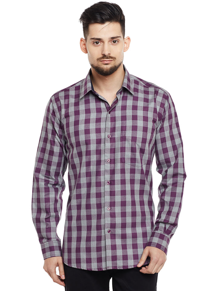 Men Grey & Wine Checked Pure Cotton Slim Fit Casual Shirt