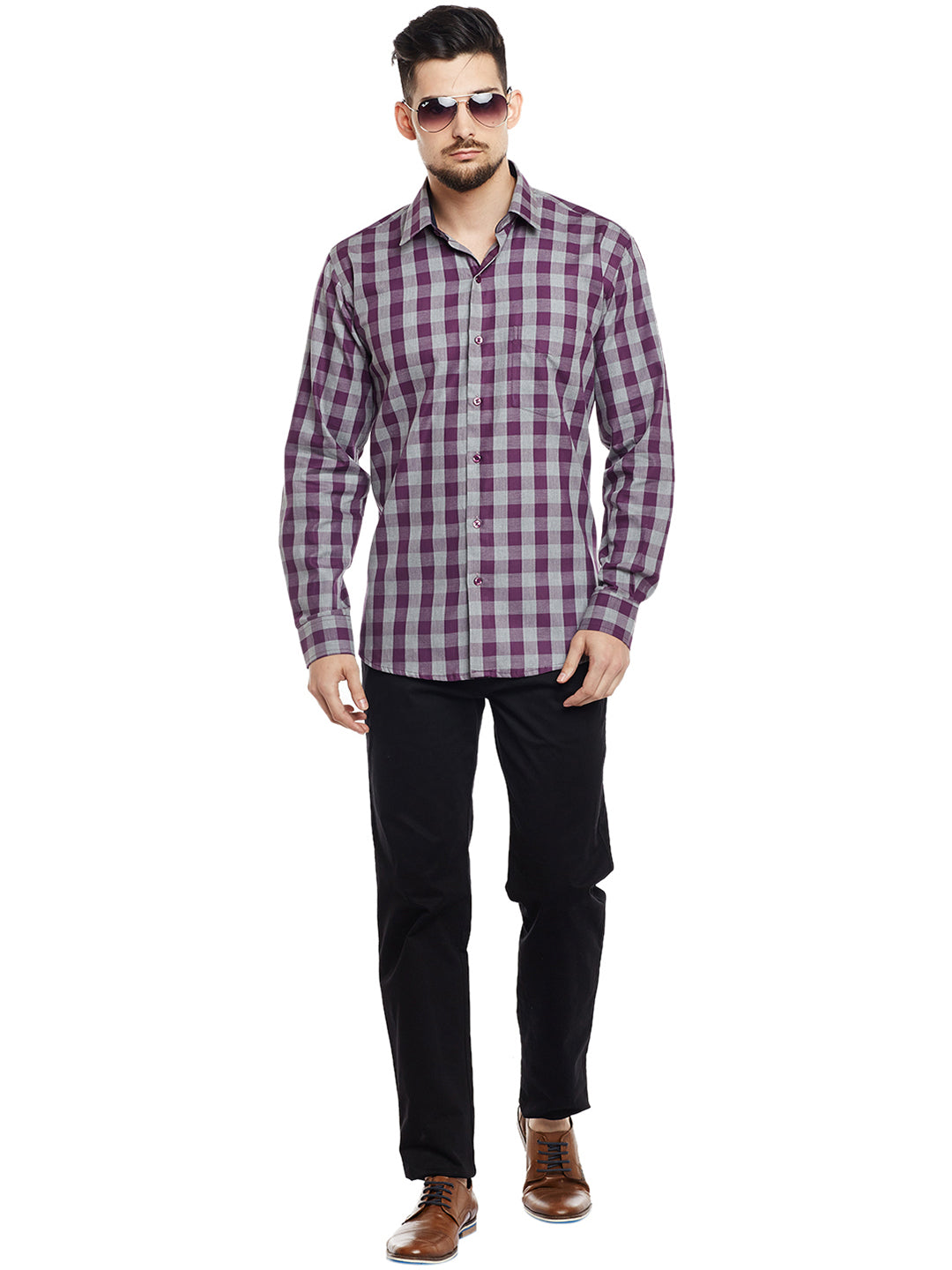 Men Grey & Wine Checked Pure Cotton Slim Fit Casual Shirt