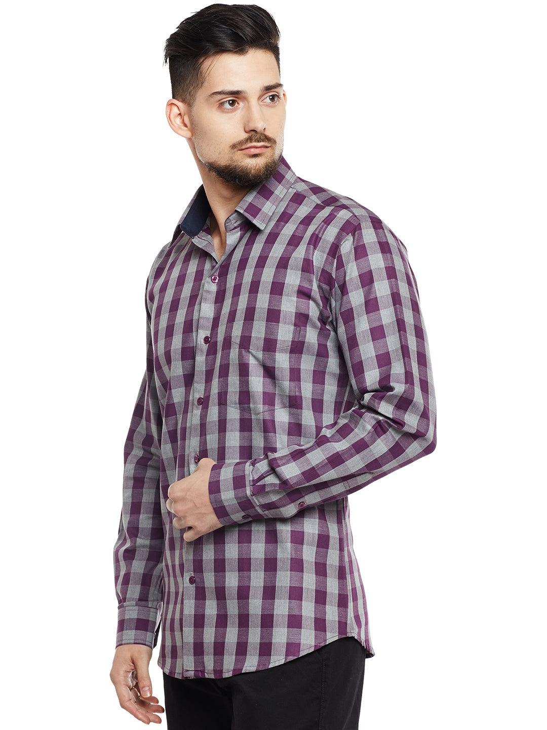 Men Grey & Wine Checked Pure Cotton Slim Fit Casual Shirt