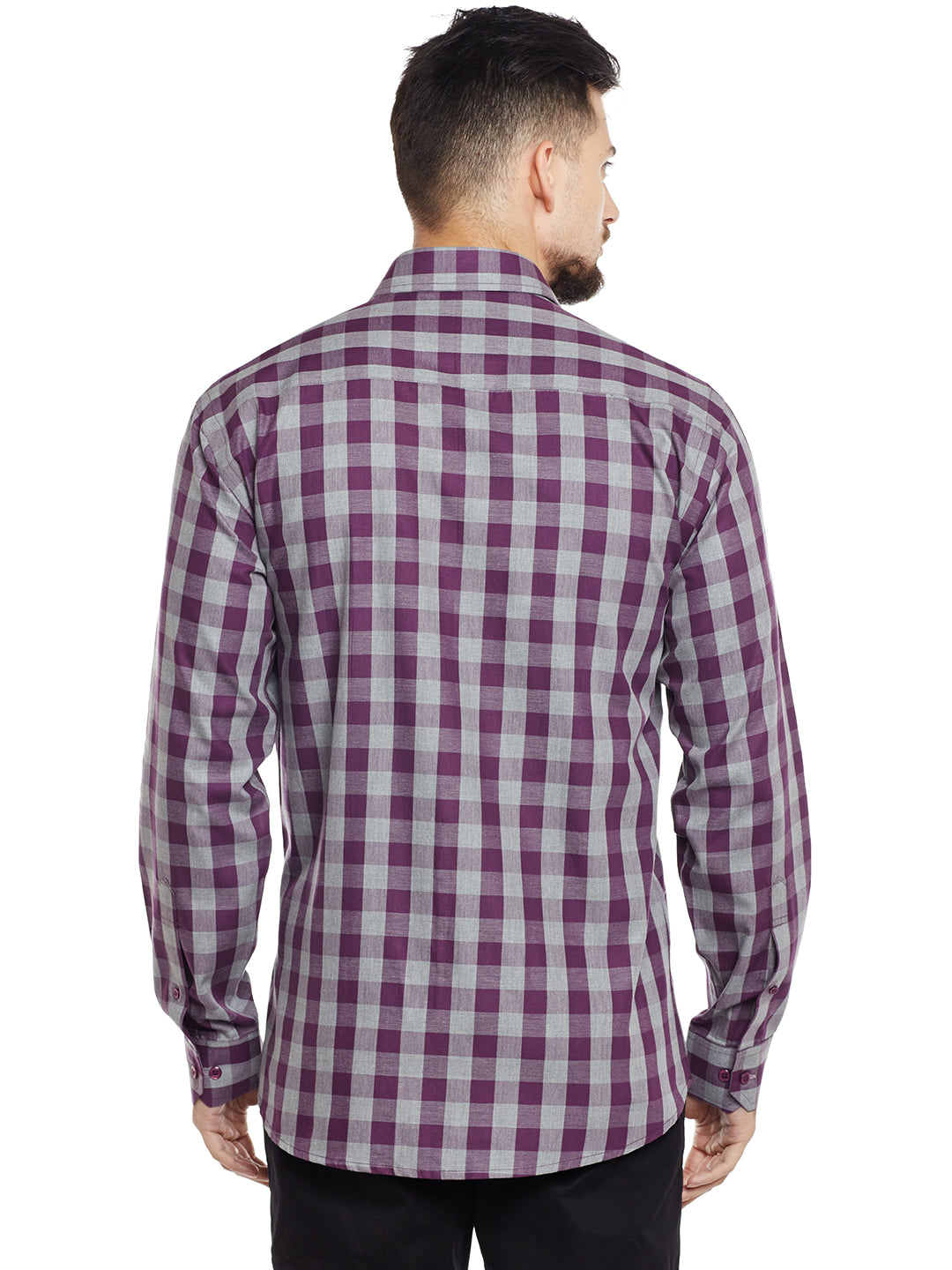 Men Grey & Wine Checked Pure Cotton Slim Fit Casual Shirt