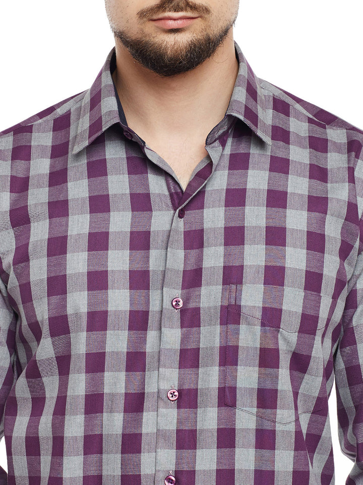 Men Grey & Wine Checked Pure Cotton Slim Fit Casual Shirt