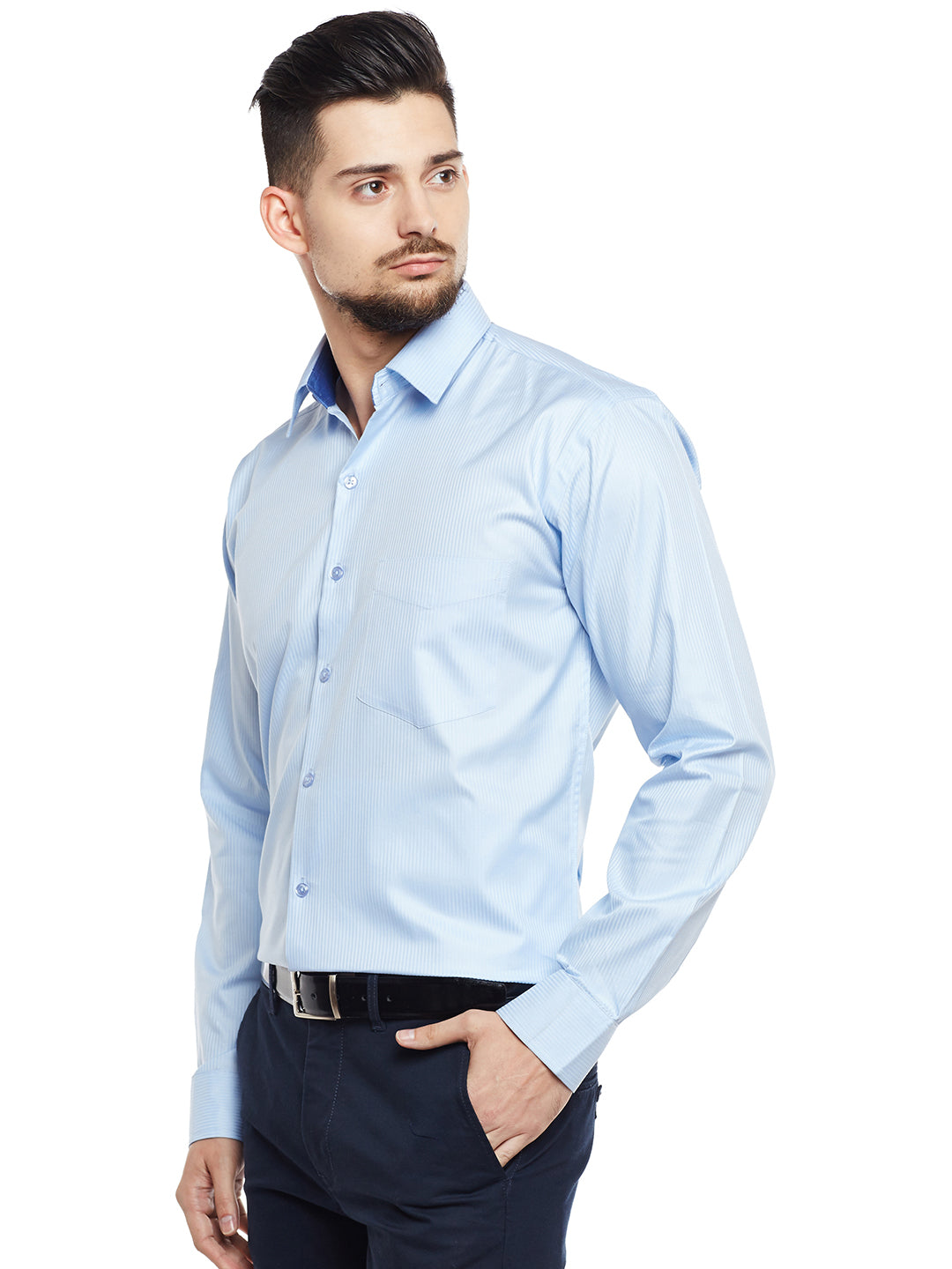 Men Sky Blue Solid Pure Cotton Pure Cotton Slim Fit Formal Shirt