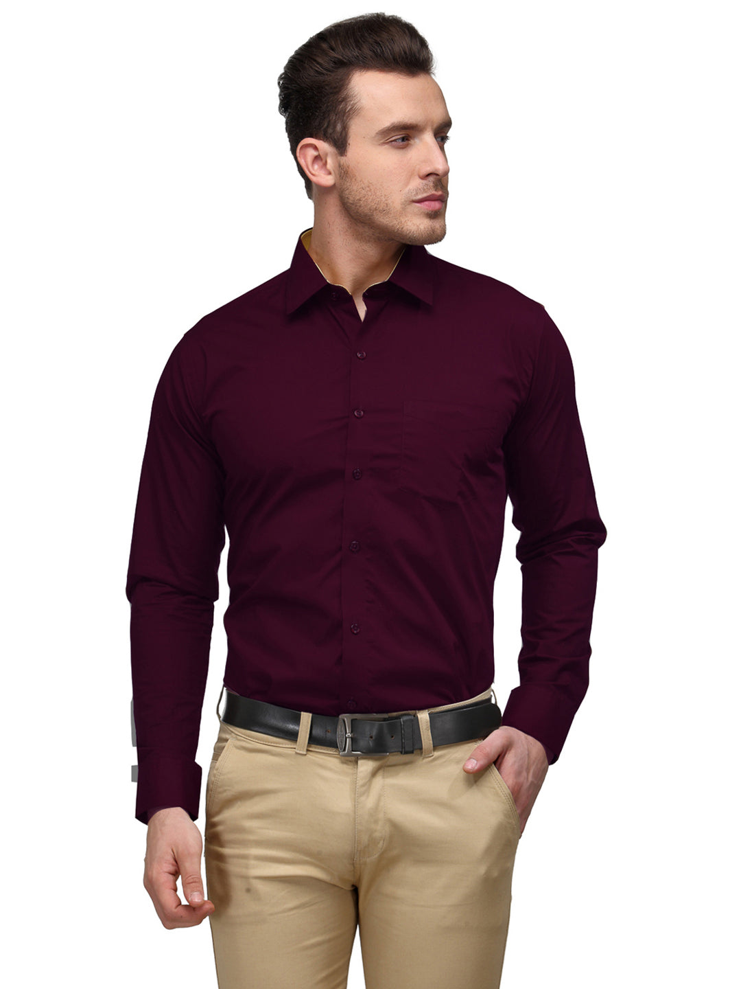 Men Wine Solid Slim Fit Pure Cotton Formal Shirt