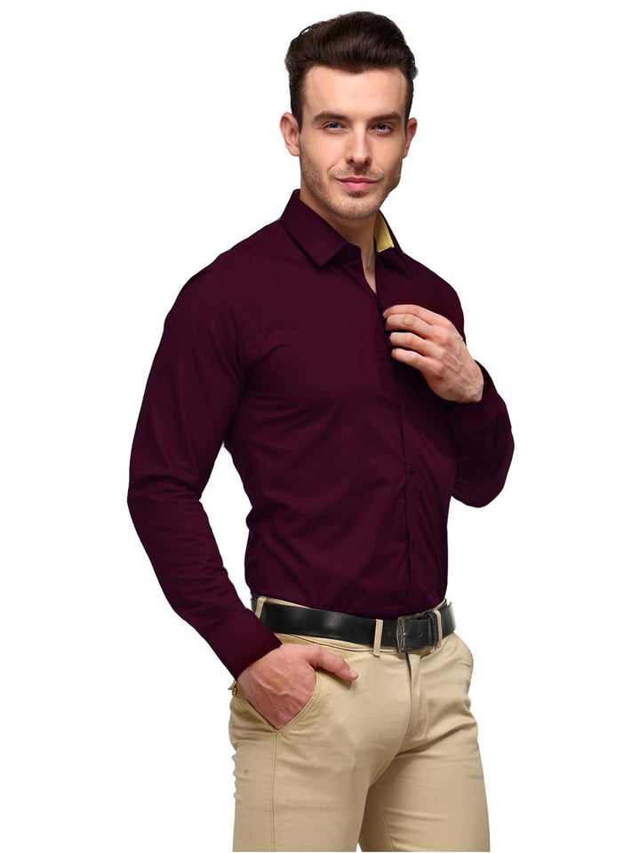 Men Wine Solid Slim Fit Pure Cotton Formal Shirt