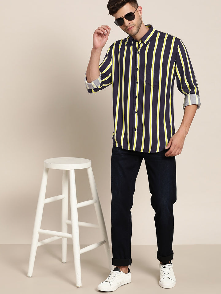 Men Navy & Yellow Striped Viscose Rayon Slim Fit Casual Shirt