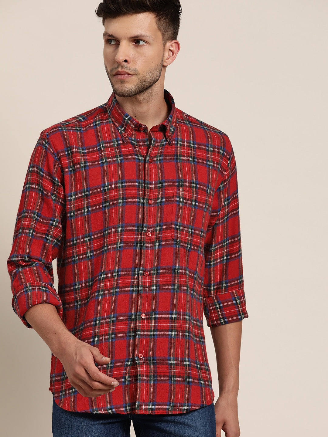 Men Red & Navy Checked Pure Cotton Slim Fit Casual Shirt