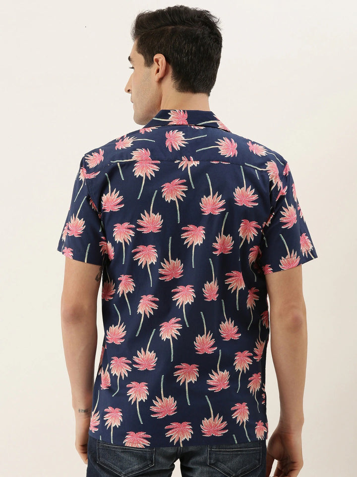 Men Navy & Coral Printed Pure Cotton Relaxed Fit Casual Resort Shirt