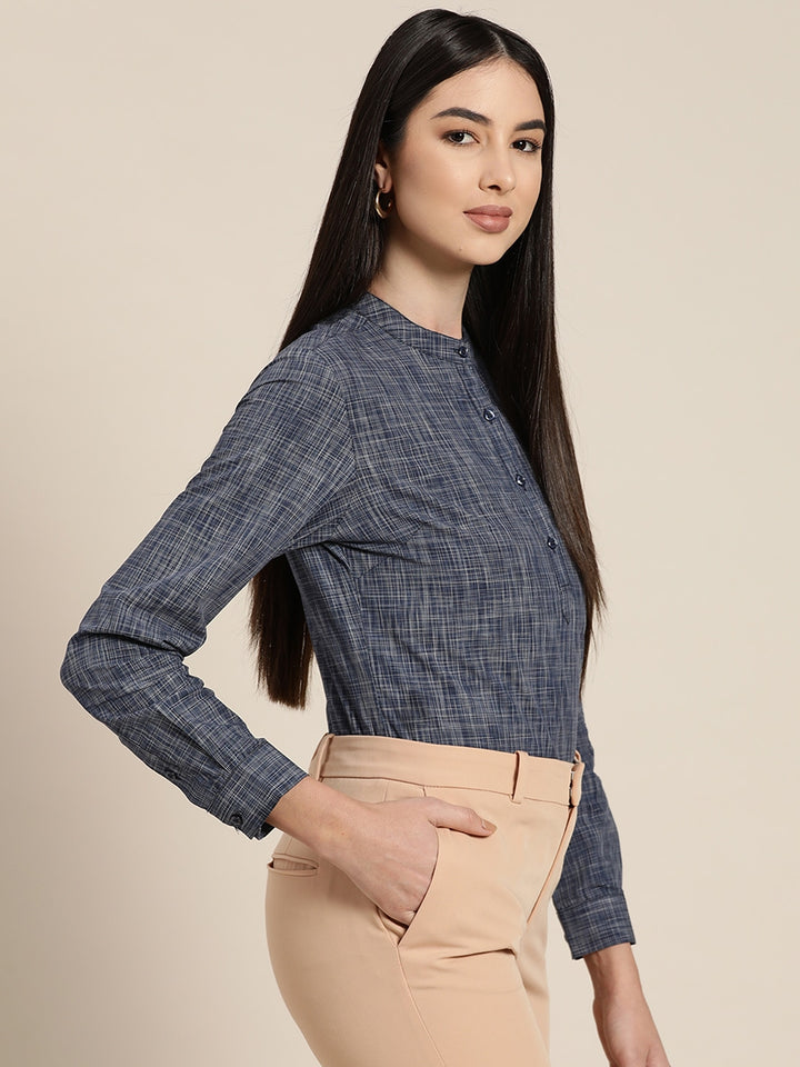 Women Navy Solids Pure Cotton Slim Fit Formal Top