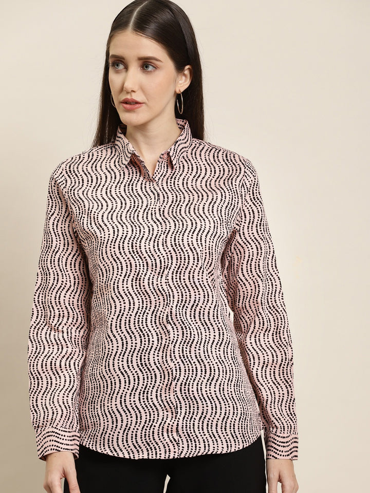 Women Pink & Black Prints Pure Cotton Slim Fit Formal Shirt