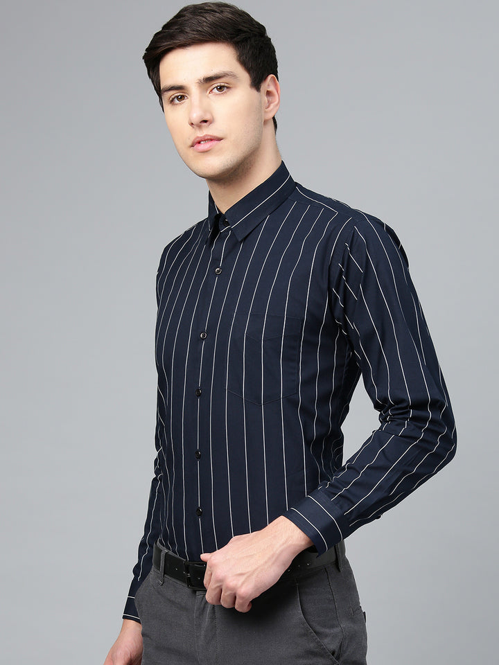 Men Navy Pure Cotton Striped Slim Fit Formal Shirt