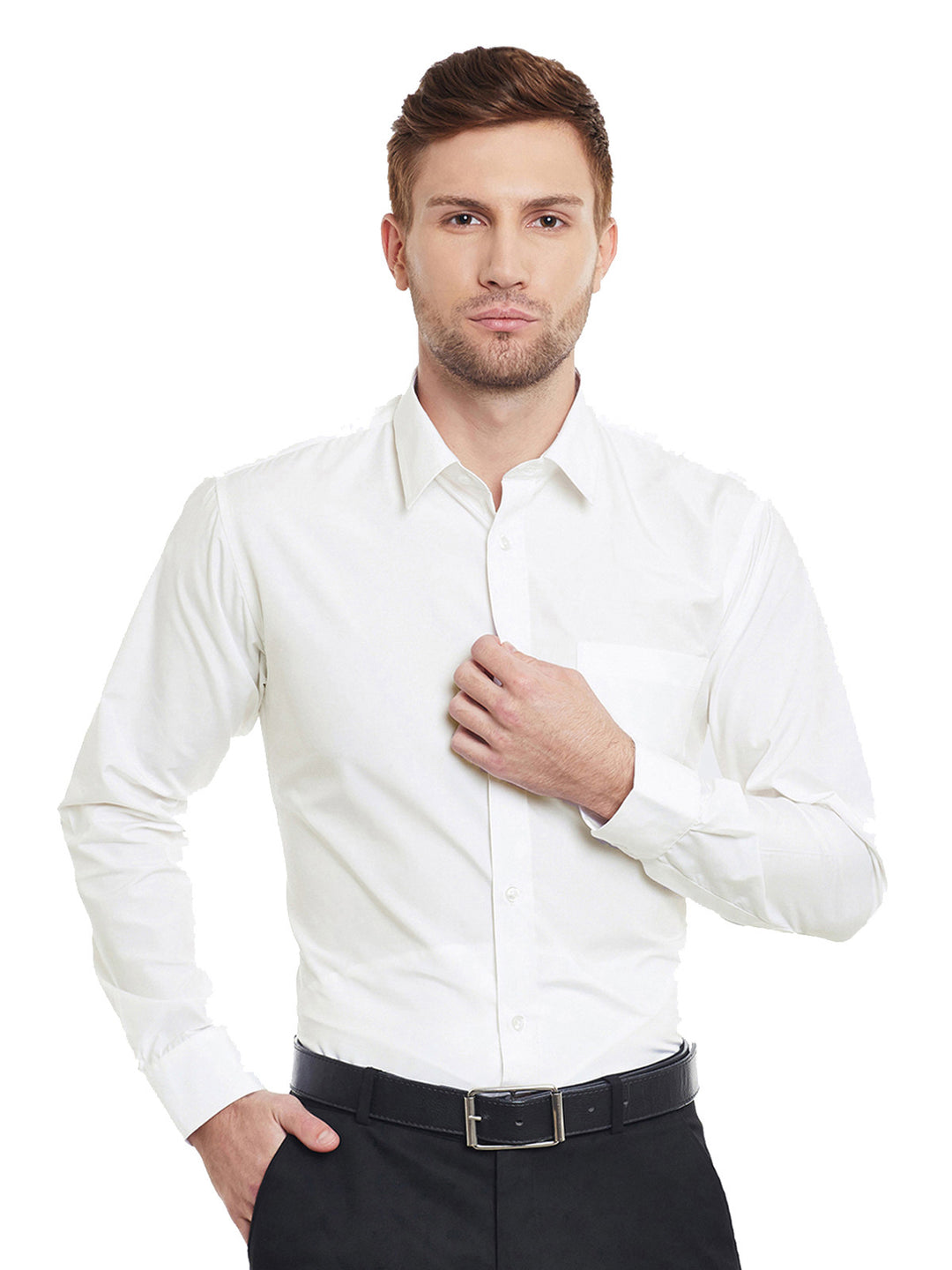 Men Cream Solid Cotton Slim Fit Formal Shirt