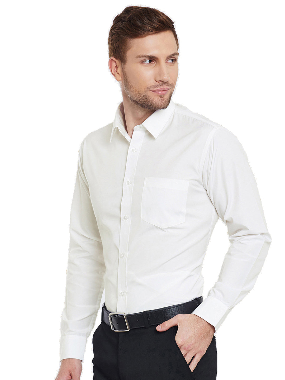 Men Cream Solid Cotton Slim Fit Formal Shirt