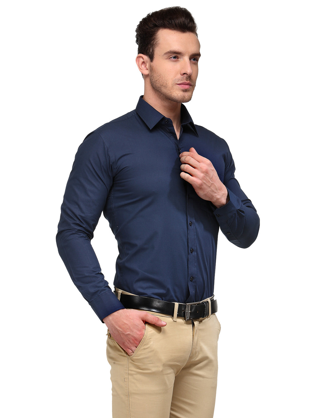 Men Navy Blue Solid Slim Fit Cotton Rich Formal Shirt