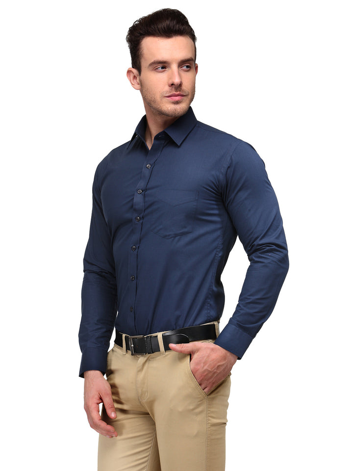 Men Navy Blue Solid Slim Fit Cotton Rich Formal Shirt