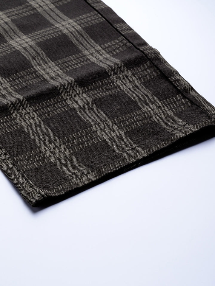 Men Olive Checks Cotton Elastene Slim Fit Formal Trouser