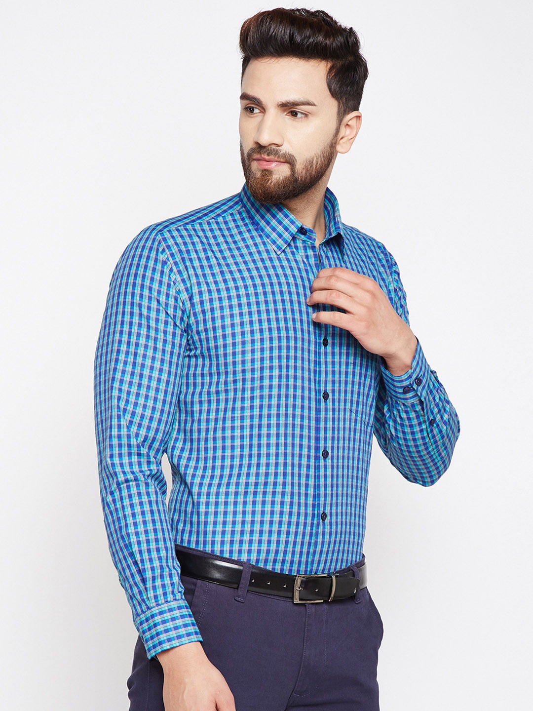 Men Green Checks Cotton Rich Slim Fit Formal Shirt