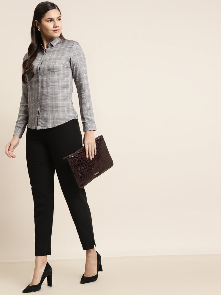 Women Grey Checks Viscose Rayon Slim Fit Formal Shirt