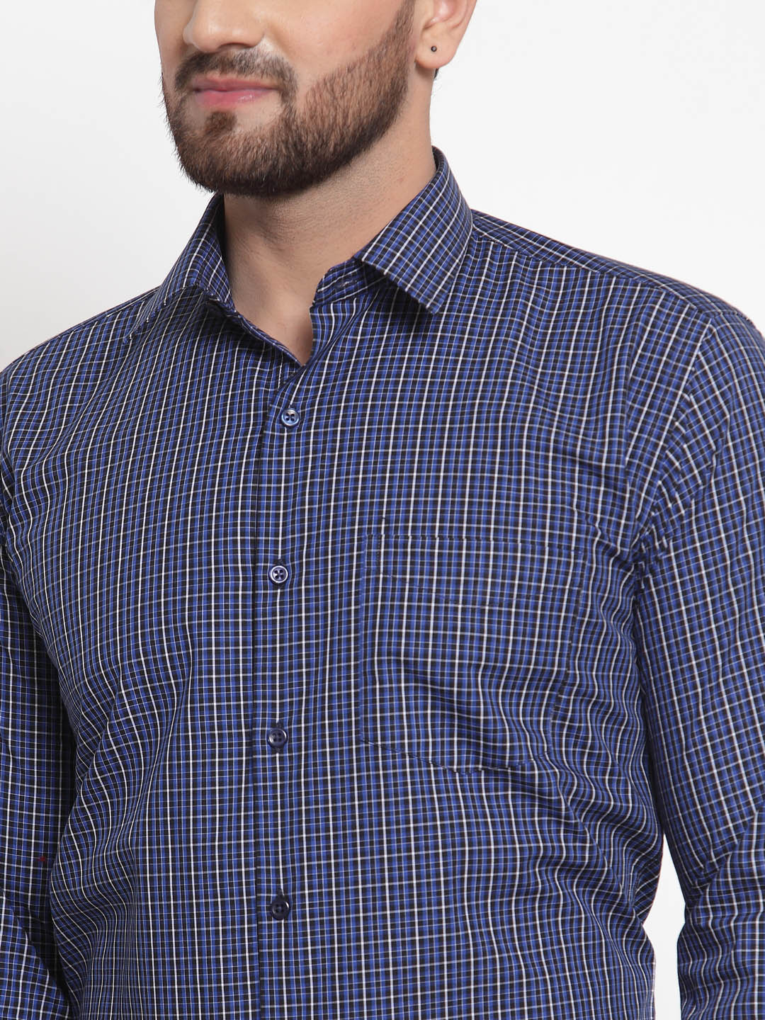 Men Navy Pure Cotton Checked Slim Fit Formal Shirt
