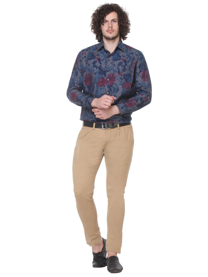 Men Navy Slim Fit Printed Pure Cotton Formal Shirt