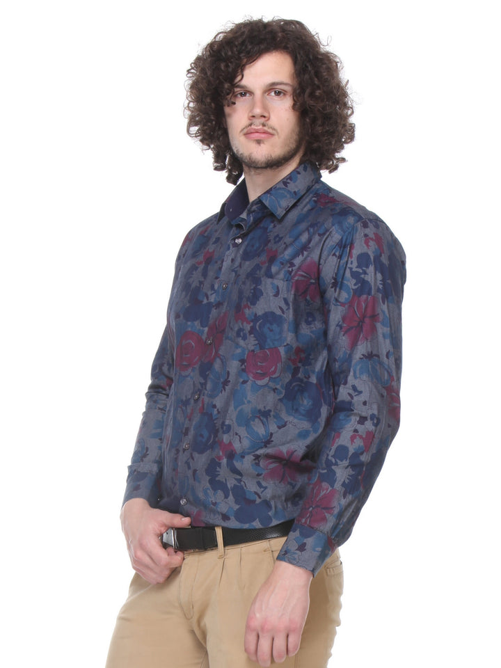 Men Navy Slim Fit Printed Pure Cotton Formal Shirt