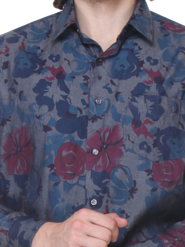 Men Navy Slim Fit Printed Pure Cotton Formal Shirt