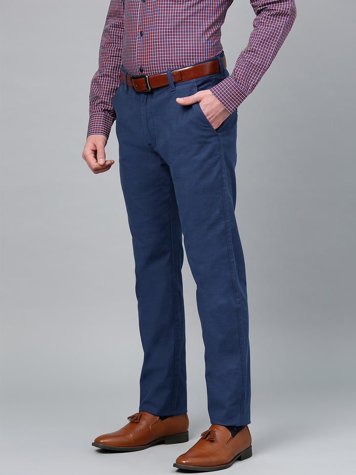 Men Blue Cotton Solid Slim Fit Casual Trouser